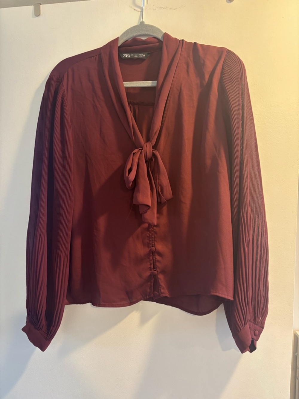 Zara Tie-Neck Pleated Long-Sleeve Blouse - Deep Burgundy